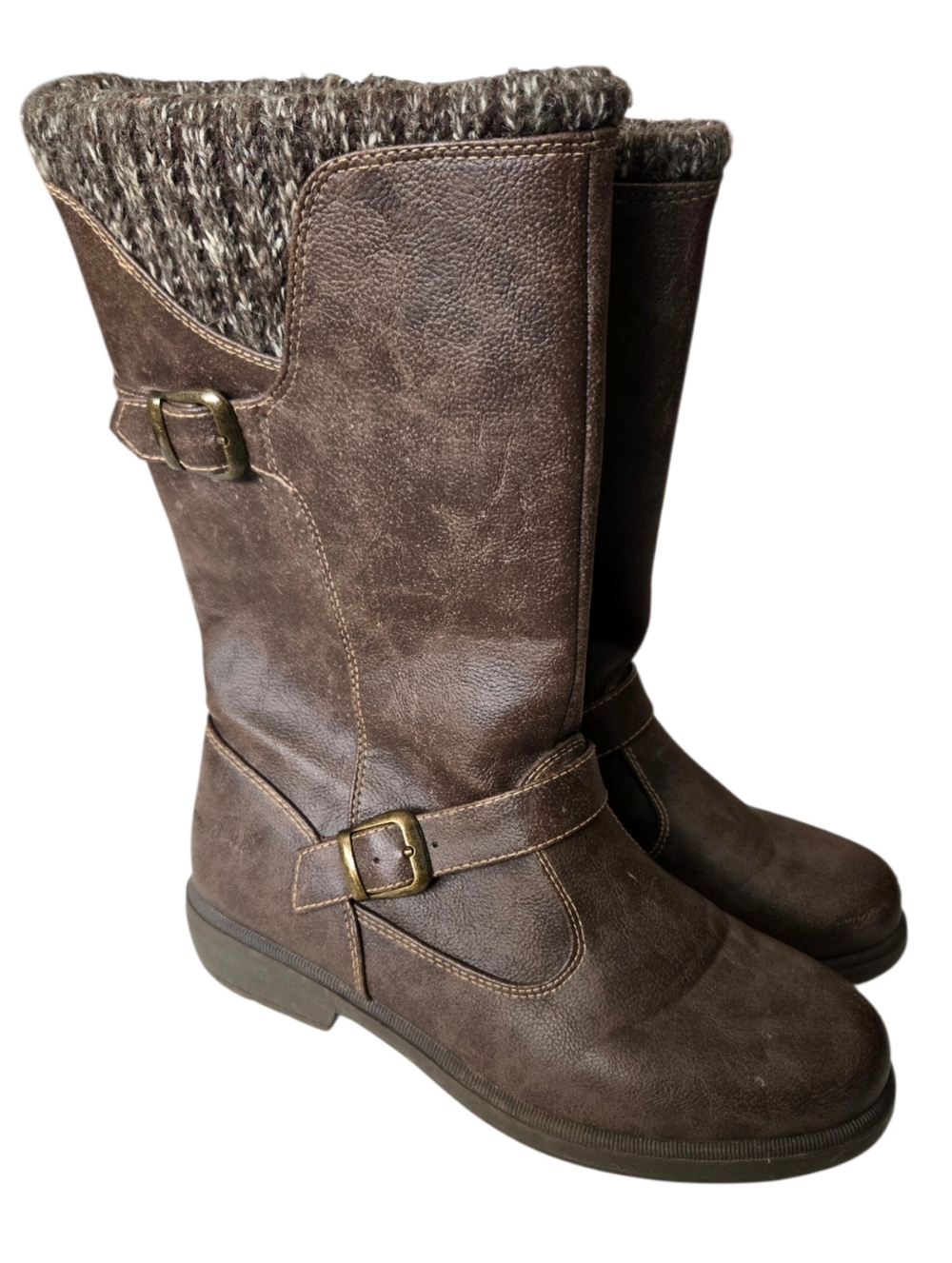 Weatherproof Brown Faux-Leather Mid-Calf Boots with Knit Cuff 8